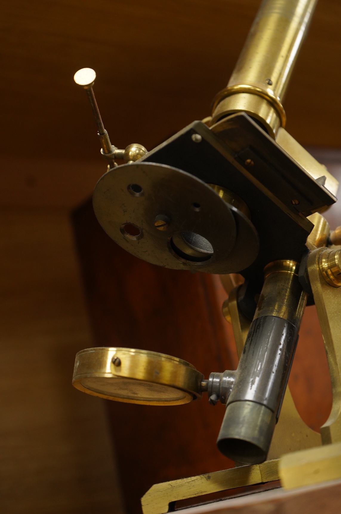 A late 19th century lacquered brass spectroscope, in three sections , by John Brown, 63, Strand, London, mahogany cased; 19 x 13.5 x 7cm